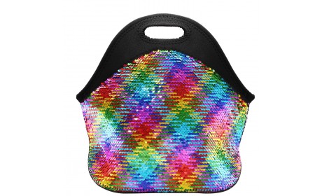 Multi-color Rainbow Sliver Reversible Sequins Neoprene Insulated Lunch Tote Bags