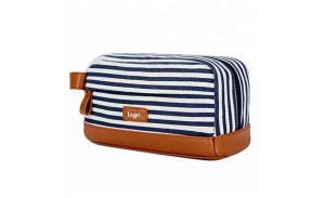 Hot sell Shaving Dopp Case Striped Canvas Cosmetic Makeup Bag with leather handle