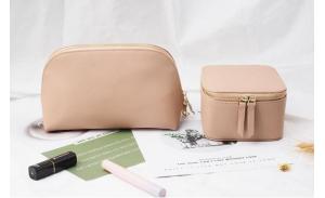 Nude color large saffiano leather cosmetic bag for ladies